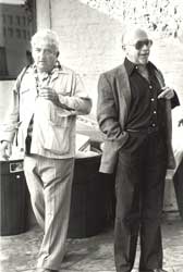 Jack Micheline and Richard 'Specs' Simmons, 9/25/88, in the alley outside Specs bar, on City Lights' 35th anniversary. Copyright 1988 Rob Lee. 