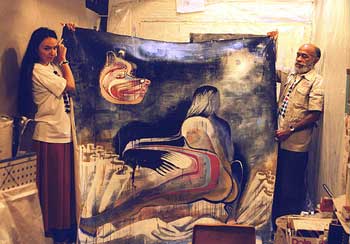 Laura Corsiglia, Ted Joans, & Laura's painting, 1999, Seattle, photo by Bernie Mindich